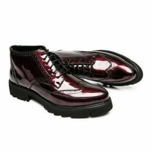 Men’s Dress Shoes Wing Tip Ankle Boots Brogues Shiny Leather Lace Up Cuban Heels - Picture 1 of 9