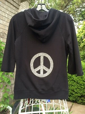 TWISTED HEART BLACK SWAROVSKI RHINESTONE PEACE SIGN HOODIE   Sz S - Image 1 of 4