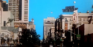 San Diego Postcard Looking east on Broadway Downtown Vintage New - Picture 1 of 3