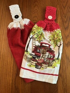 Crochet Top (2) Hanging Kitchen Dish Towels ( Vintage Red Truck Apples Solid ) - Picture 1 of 6
