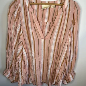 Anthropologie Maeve Brenda Pink Striped Balloon Sleeve Peasant Blouse Large - Picture 1 of 6