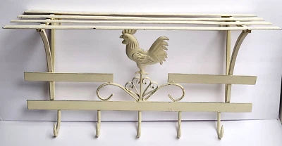 Cast Iron Slat Wall-Shelf with Hooks Rustic Ivory Chicken Rooster Country Accent - Image 1 of 4