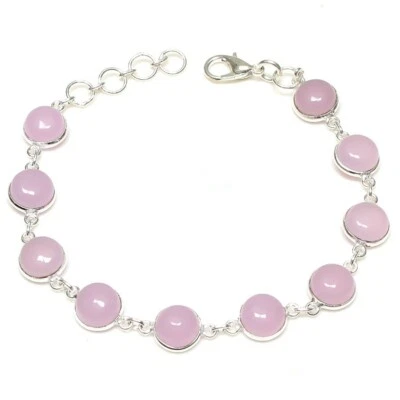 Brazalete de joyería de plata de ley 925 hecho a mano con piedras preciosas de cuarzo rosa talla 7-8" Foto 1 de 2