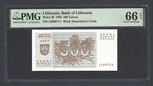 Lithuania 500 Talonu 1993 P46 "S/N 000714" Uncirculated Grade 66 - Picture 1 of 2