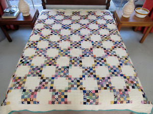 Vintage MANY Feed Sacks Machine Pieced Hand Quilted IRISH CHAIN Quilt; 82" x 75"