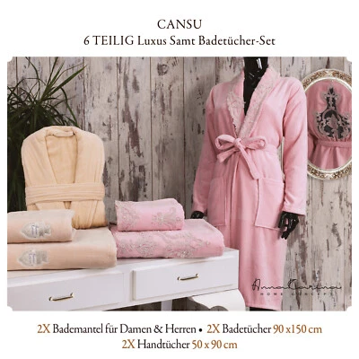 Cansu Samt Badetücher-Set 2x Bademantel 2x Badetuch 2x Handtuch Rosa Creme - Bild 1 von 4