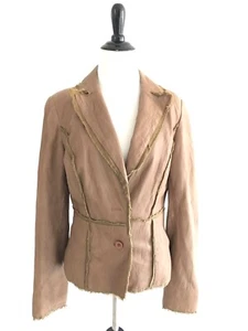 Blazer Cache Mujer Talla 8 Marrón Dos Botones Cuero Cordero Dobladillo Deshilachado Borde - Imagen 1 de 12