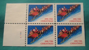1991 Christmas (29c) Santa & Sleigh-Bkt Pane of 4 with Plate #-Mint NO GUM #2585 - Picture 1 of 2