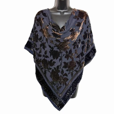 "Bufanda de terciopelo burnout azul marino y bronce de colección chal caprichoso hada boho rosas 43"" sq Foto 1 de 4