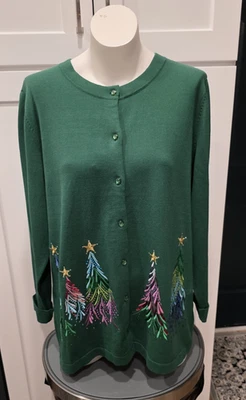 Quacker Factory Sweater XL Embroider Sequin Stud Christmas Tree Green - I 112 - Image 1 of 4