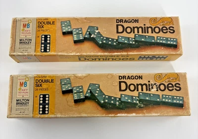 Vintage (2 sets) 1970 Wooden DRAGON Double Six Dominoes Milton Bradley Made USA - Image 1 of 4