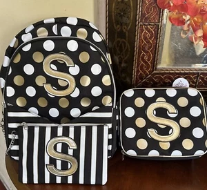 Justice Black Stripe and Dot Set ~Backpack/Wristlet & Lunch Box Initial S-NWT - Picture 1 of 8