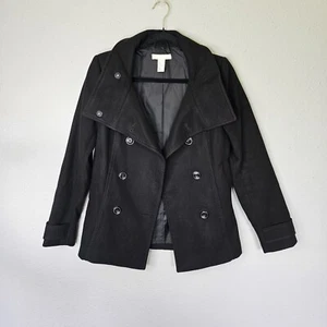 H&M Black Pea Coat Jacket Womens 6 Button Up Lined Thick Warm - Picture 1 of 13