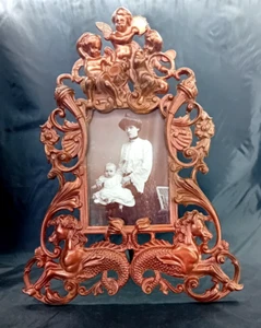 Großer schwerer antiker Jugendstil Guss Metall Kupfer Bilderrahmen Cherubs Seepferdchen - Bild 1 von 13