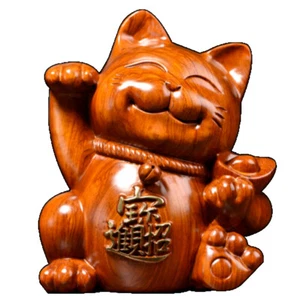 Rosewood Carved Maneki Neko Statue Lucky Cat Feng Shui Decor Art Collection - Picture 1 of 5