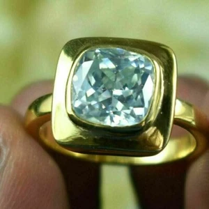 Off White Tinge of Blue Diamond Ring in Bezel 3.50 Cts YELLOW GOLD FINISH  - Picture 1 of 10