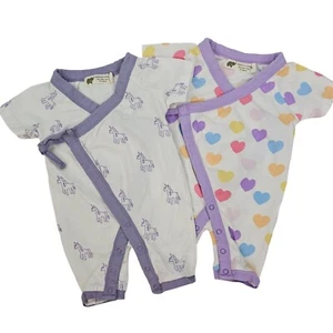 Set of 2 Organic Rompers 0-3M Monica + Andy Baby Girl Unicorns Hearts Tie Snaps - Picture 1 of 16