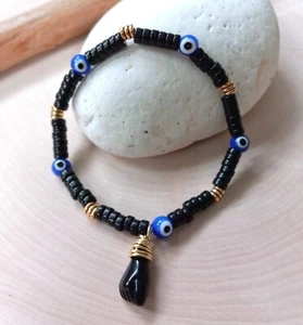 Blue Mal De Ojo Bracelet, Azul, Mano Negra Azabache, Gold, Luck Proteccion, Bebe - Picture 1 of 11