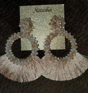Natasha - Tan Beige Beaded Tassel Hoop Stud Post Earrings - New Pageant Wedding - Picture 1 of 5