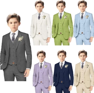 Linen Boy‘s Suits Summer Quick Dry Wedding Tuxedo Blazer Pants Vests Three Piece - Picture 1 of 18