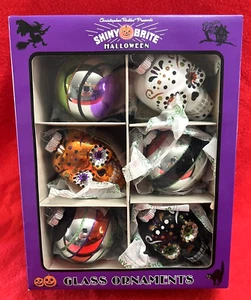 NEW Shiny Brite Halloweeen 6 Glitter Sugar Skulls & Striped Round Ornaments NIB - Picture 1 of 8