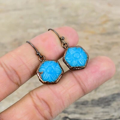 Copper Natural Carved Blue Onyx Electroformed Sister Bezel Dangle Drop Earrings - Image 1 of 4