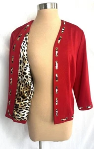 SHARON YOUNG VTG Size L Red with Animal Print Trim and Lining Open Blazer Jacket - Picture 1 of 4