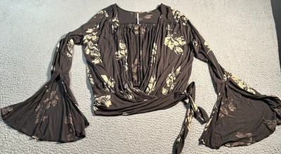 Free People Top Womens Small Brown Fiona Bell Sleeve Surplice Tie Waist Floral - Image 1 of 4