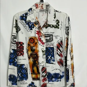Chico’s Women’s Size Small White Colorful Graphic Button-Up Denim Cotton Jacket - Picture 1 of 12