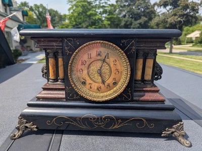 Antique Gilbert Mantle Clock Burgundy Faux Marble Columnar Winsted Connecticut  - Image 1 of 4