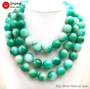 18mm Green White Round Natural Jade Necklace for Women Jewelry 3 Strands 18" - Picture 1 of 6