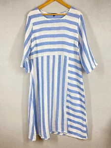 Gordon Smith dress 14 100% linen smock blue white stripe coastal resort nautical - Picture 1 of 19
