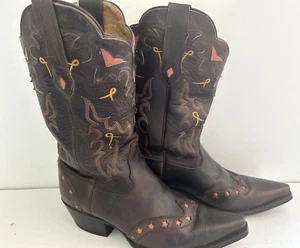 Sonora Double H Brown Leather w Pink Perforated Star Details Cowgirl Boots 8M - Picture 1 of 11