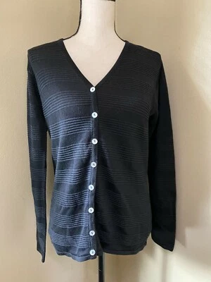 Real Clothes Saks Fifth Avenue Black Thin Knit Cardigan Sweater Ribbed Stripe S - Изображение 1 из 4