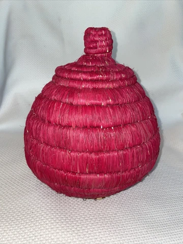 Coiled Round Basket w Lid Handle On Top Snake Charmer’s Style Purple 9” Pink Cover