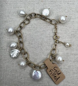 12K Gold Filled Cultured Pearl Chain Bracelet 7.5 inches - Picture 1 of 5