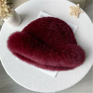 Women Real Rex Rabbit Fur Hat Bowler Hat Knitted Cap Warm Beanie W Fox Fur Brim