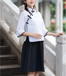 Lady Retro Style Chinese Short Sleeve Shirt Skirt Set Traditional Casual Shirt - Picture 1 of 14