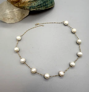 14K Yellow Gold Luminous White Pearl Station Necklace 8-9 mm 16.5 Inch Length - Picture 1 of 14