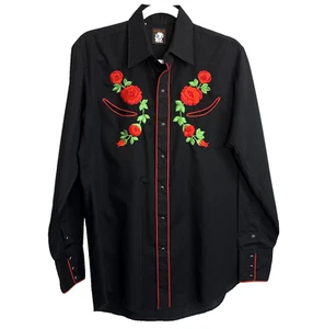 De Colección Karman Bordado Negro Rojo Rosas Frente a Presión Para Hombre Talla 15 1/2-34 - Imagen 1 de 8