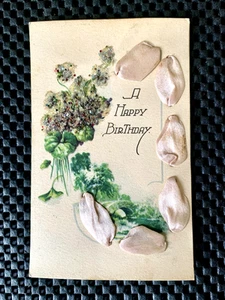 A HAPPY BIRTHDAY WITH RAISED FLOWER PETALS POSTCARD EMBOSSED FLOWERS AND GLITTER - Imagen 1 de 2