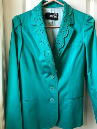 Nuovo Blazer Donna LOVE MOSCHINO 10 M Blu Verde Ricamo Cotone Nuova con etichette