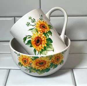 Royal Norfolk "SUNFLOWER" Ceramic Mug & Bowl Set • Bold Yellow Flowers On White - Picture 1 of 6