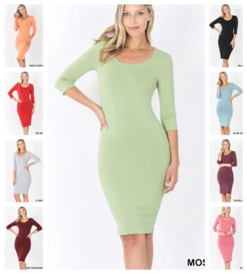 WOMEN COTTON SPANDEX SCOOP NECK 3/4 SLEEVE TANK BODYCON PENCIL MIDI DRESS S-XL - Image 1 of 4