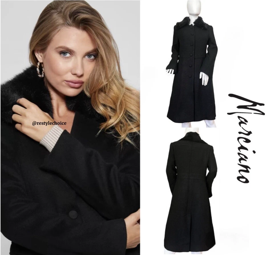 Abrigo Marciano genuino de piel de conejo con ribete de lana entre guisantes S negro sólido Foto 1 de 4