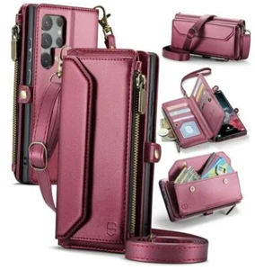 Crossbody Wallet Case Compatible with Samsung Galaxy S22 Ultra - 6.8" Wine Red - Picture 1 of 7