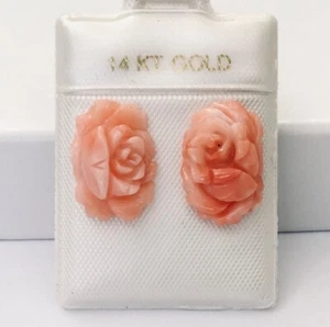 Beautiful 14K Gold Natural Pink Coral Hand Carved Rose Flower Stud Earrings NEW - Picture 1 of 11