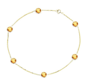 14K Yellow Gold Anklet Bracelet With Citrine Gemstones 9.5 Inches