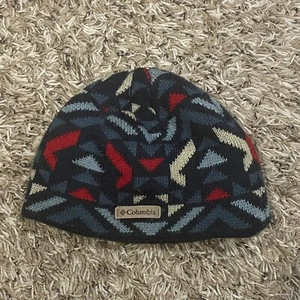 Columbia Fleece Omni-heat Lined Beanie Blue White Red Geometric Pattern One Size - Picture 1 of 6