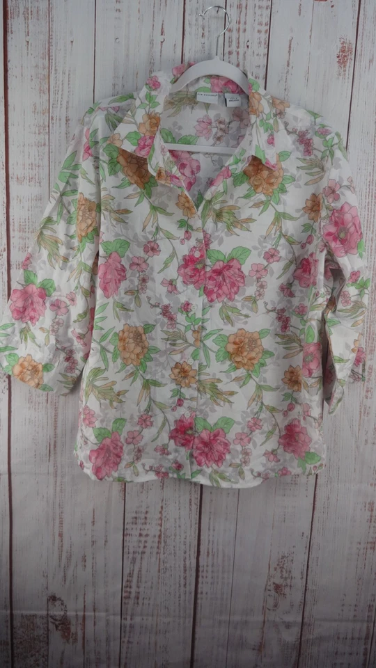 Camisa floral Kim Rogers para mujer XL manga 3/4 transparente con botones mezcla de algodón Foto 1 de 4